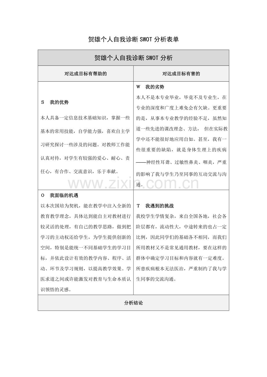 贺雄个人自我诊断SWOT分析表.doc_第1页