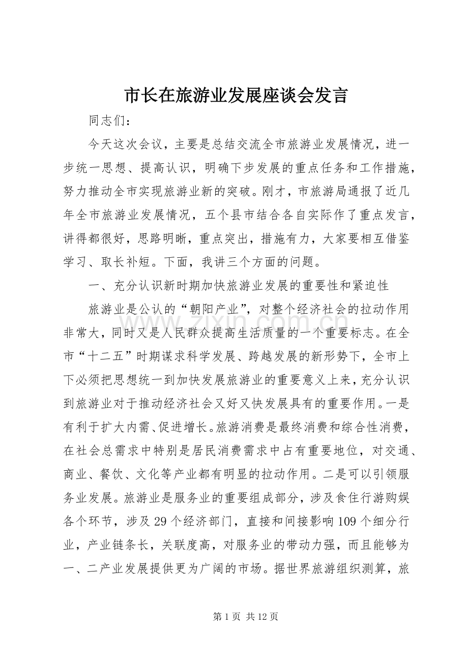 市长在旅游业发展座谈会发言稿.docx_第1页