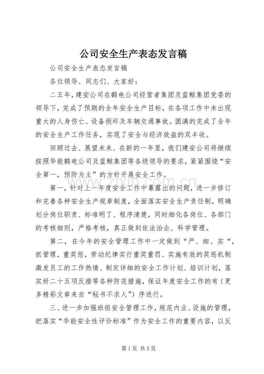 公司安全生产表态发言稿范文.docx_第1页