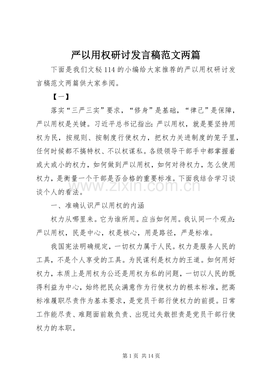 严以用权研讨发言范文两篇.docx_第1页