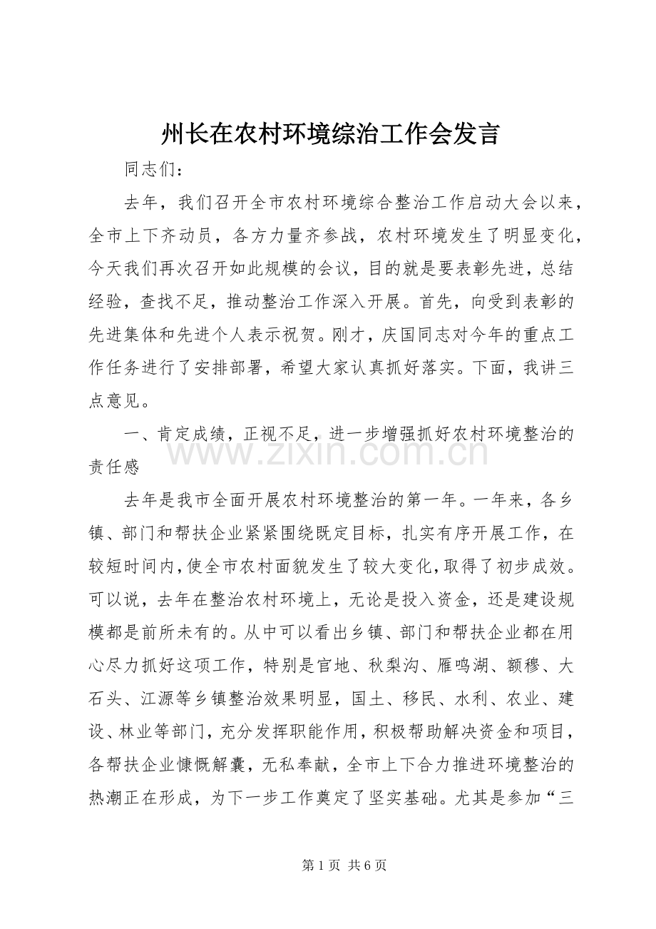 州长在农村环境综治工作会发言稿.docx_第1页