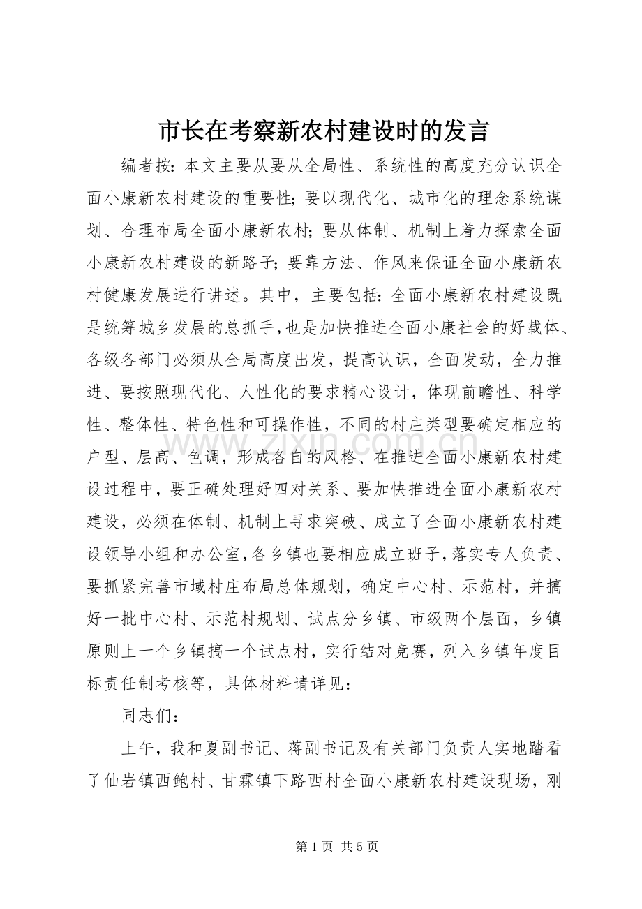 市长在考察新农村建设时的发言稿.docx_第1页