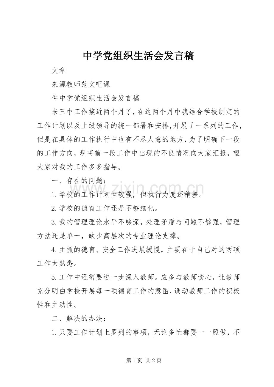 中学党组织生活会发言.docx_第1页