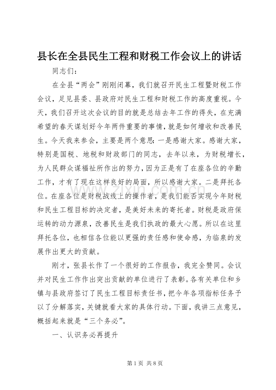 县长在全县民生工程和财税工作会议上的讲话.docx_第1页