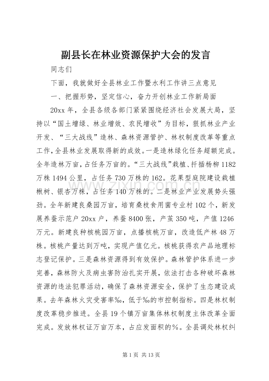 副县长在林业资源保护大会的发言.docx_第1页