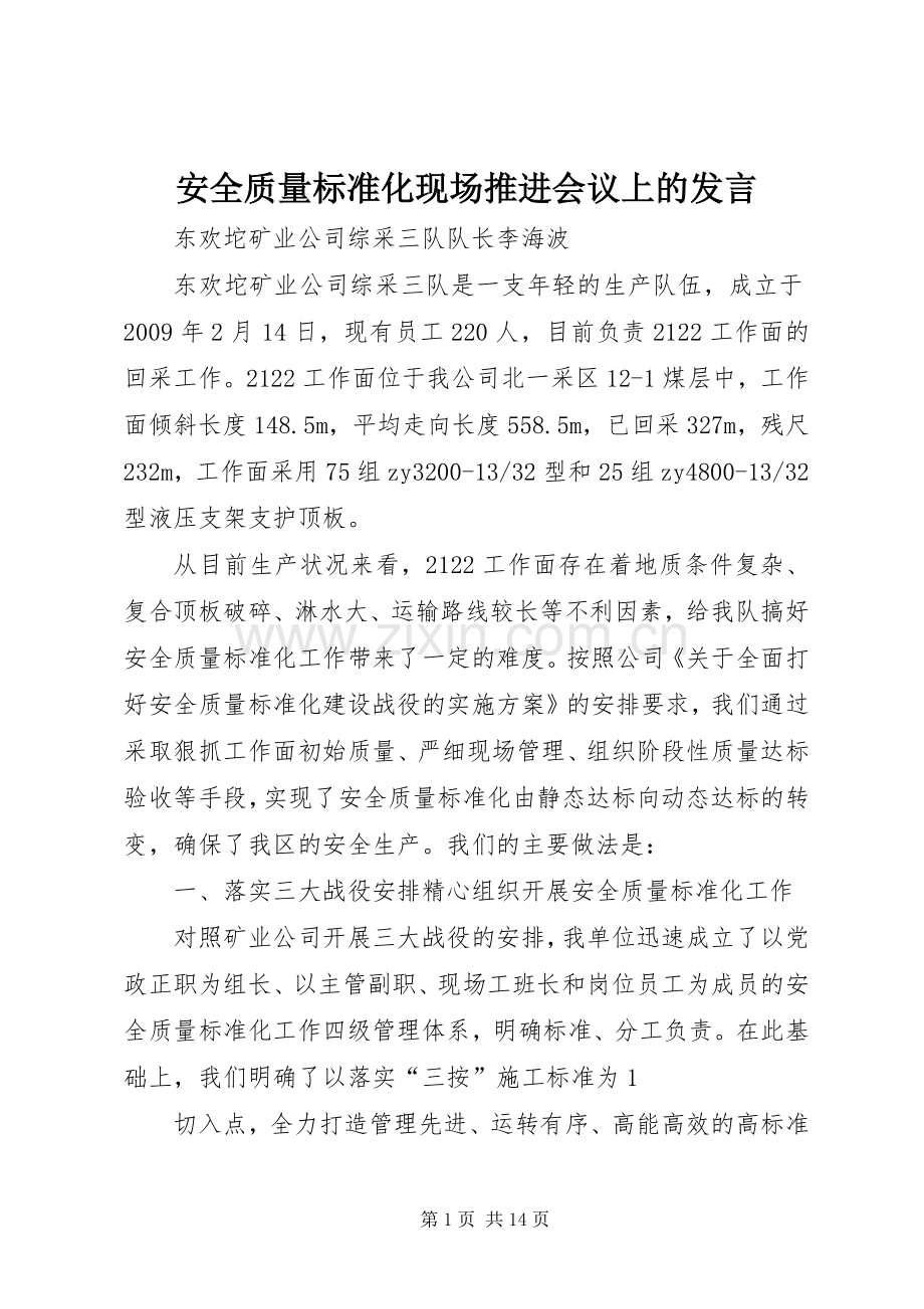 安全质量标准化现场推进会议上的发言稿.docx_第1页