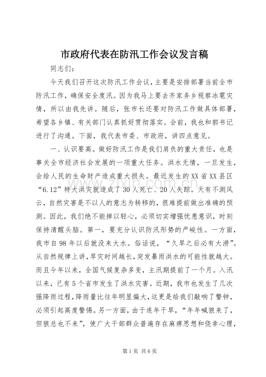 市政府代表在防汛工作会议发言.docx_第1页