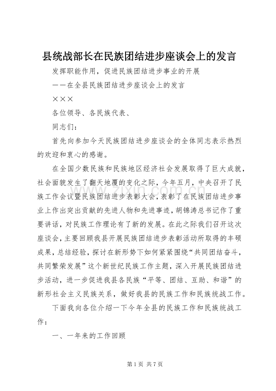 县统战部长在民族团结进步座谈会上的发言稿 (2).docx_第1页