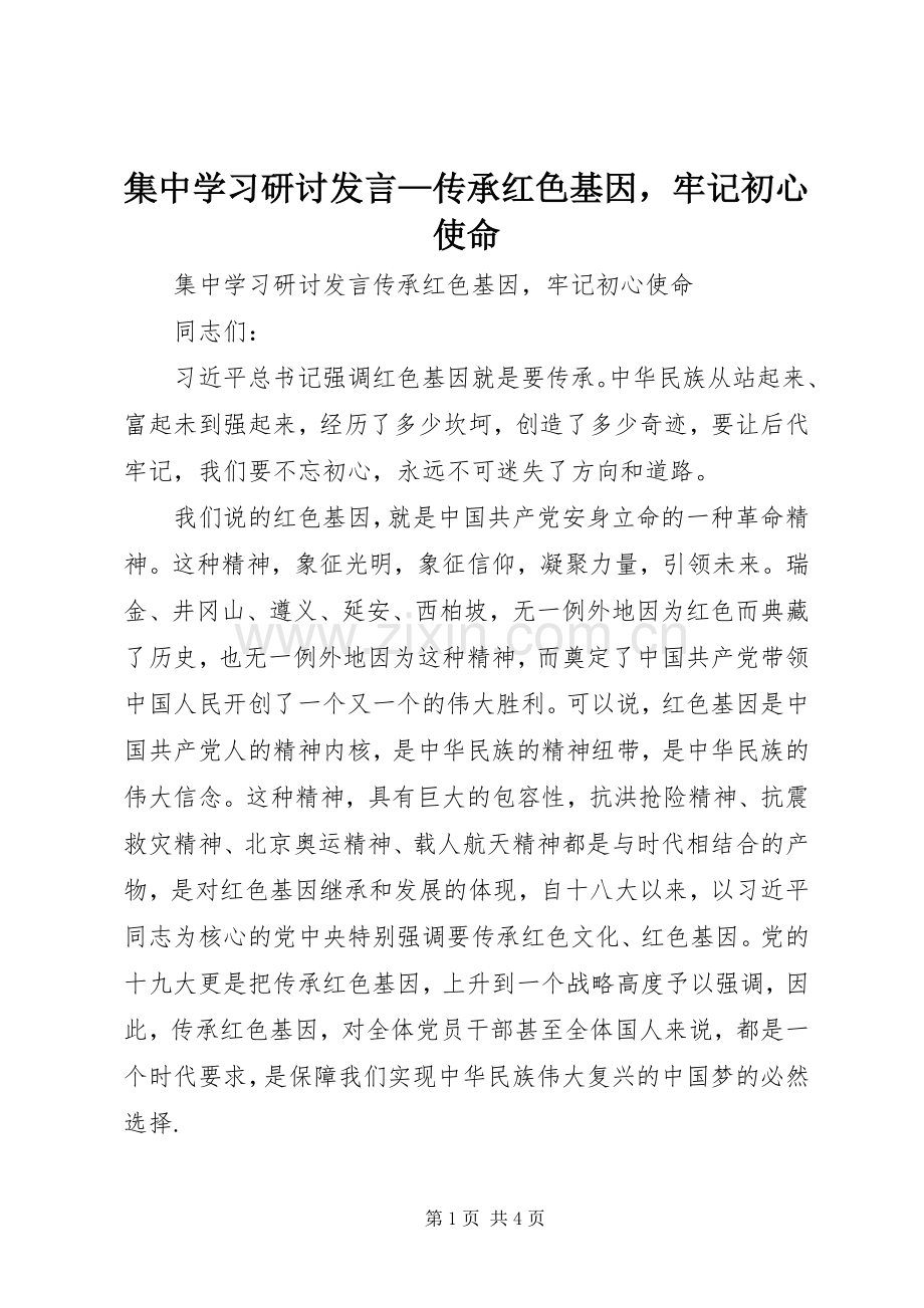 集中学习研讨发言—传承红色基因牢记初心使命.docx_第1页