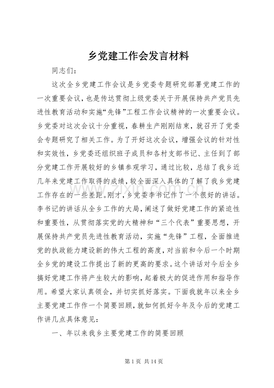 乡党建工作会发言材料提纲.docx_第1页