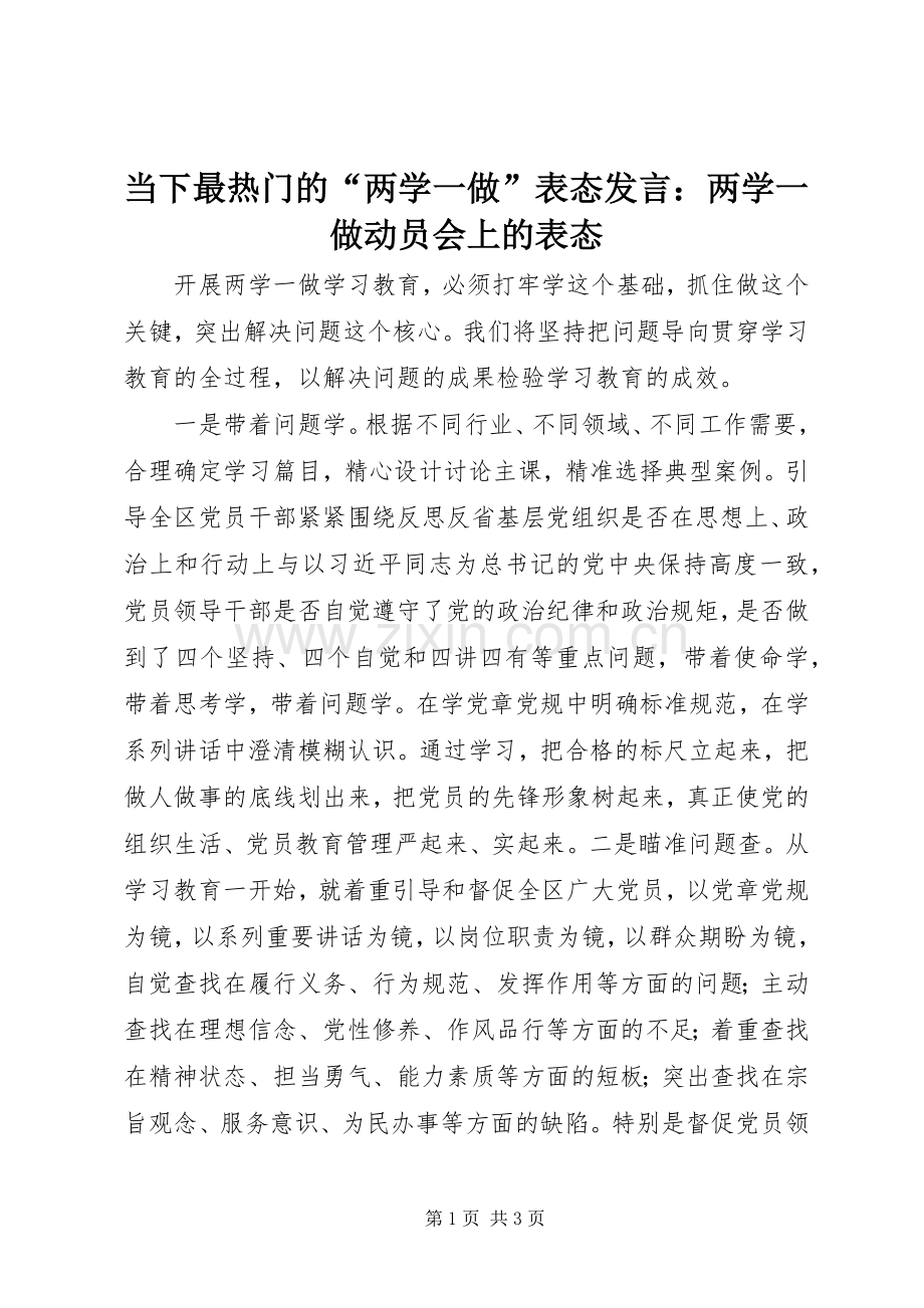 当下最热门的“两学一做”表态发言稿：两学一做动员会上的表态.docx_第1页