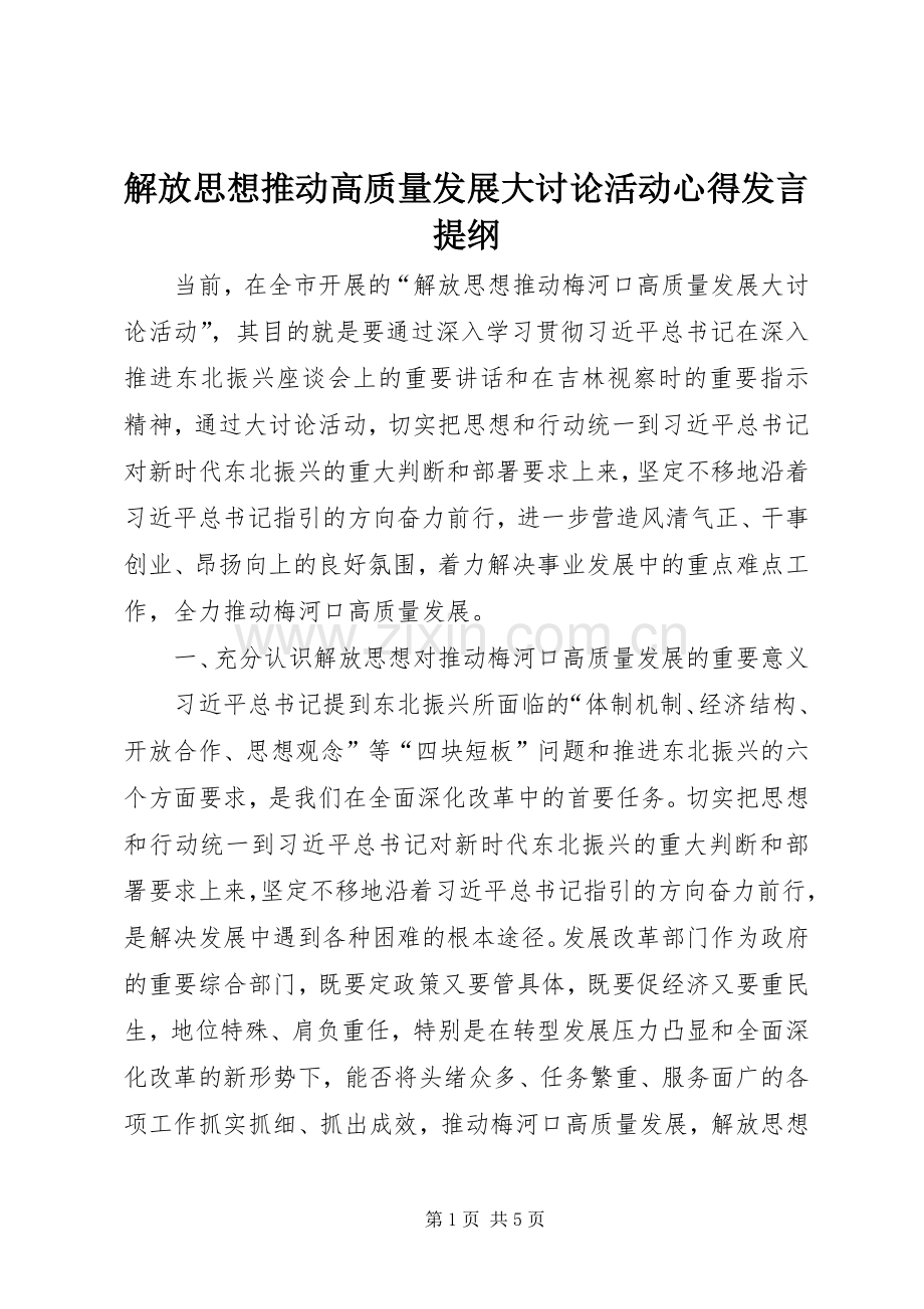 解放思想推动高质量发展大讨论活动心得发言提纲材料.docx_第1页