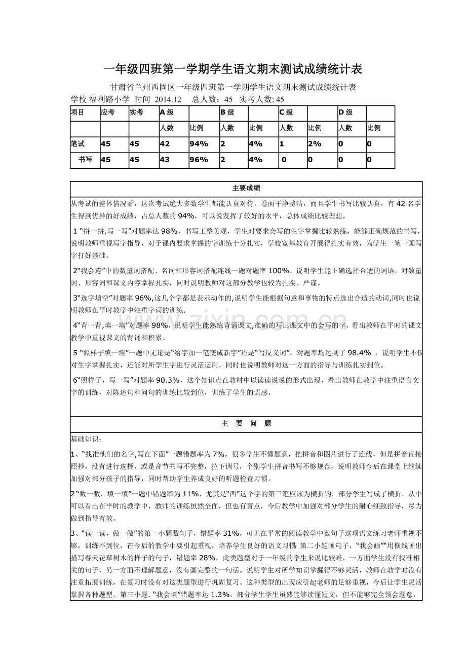 一年级四班成绩统计册.doc_第1页