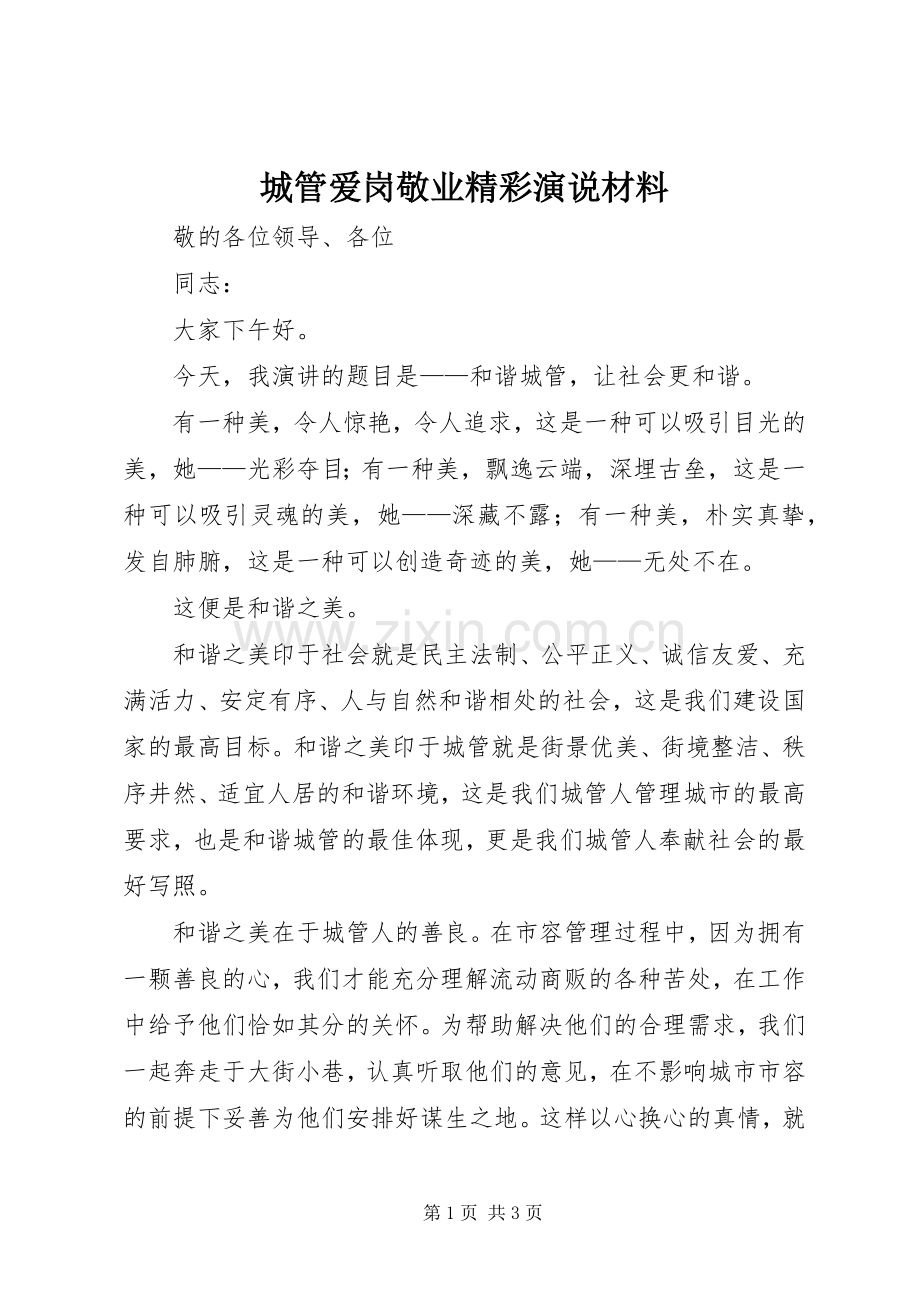 城管爱岗敬业精彩演说材料.docx_第1页