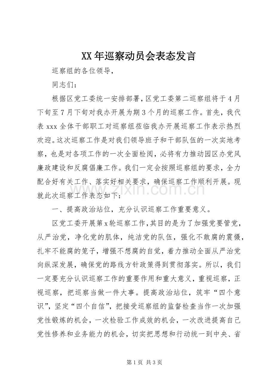 XX年巡察动员会表态发言稿.docx_第1页