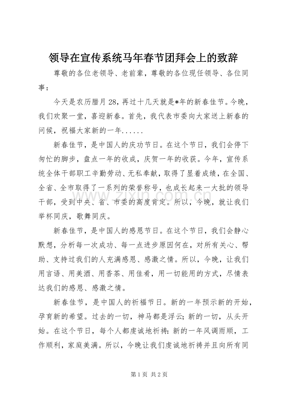 领导在宣传系统马年春节团拜会上的演讲致辞.docx_第1页