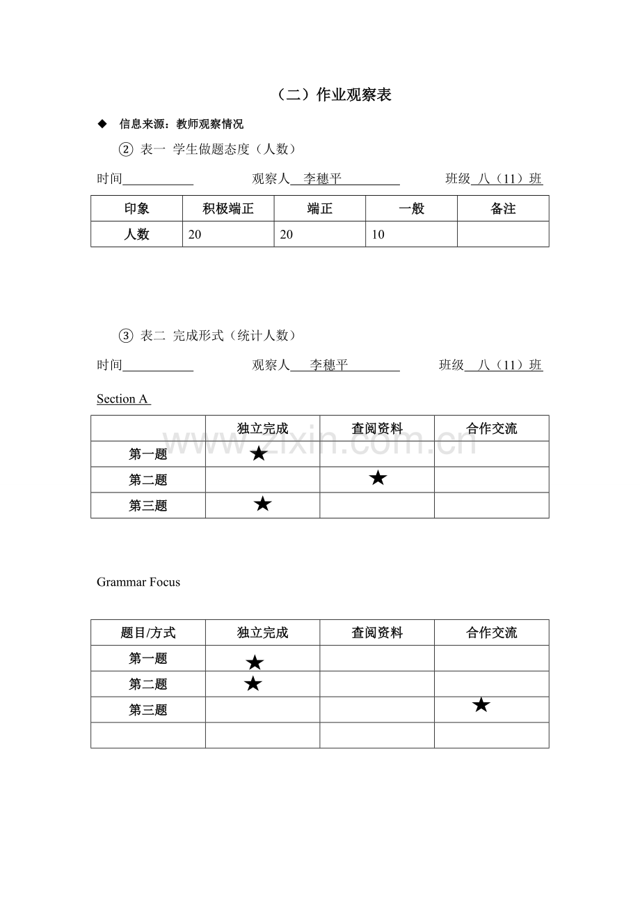 （二）作业观察表-基于学情的有效作业研究李穗平.doc_第1页