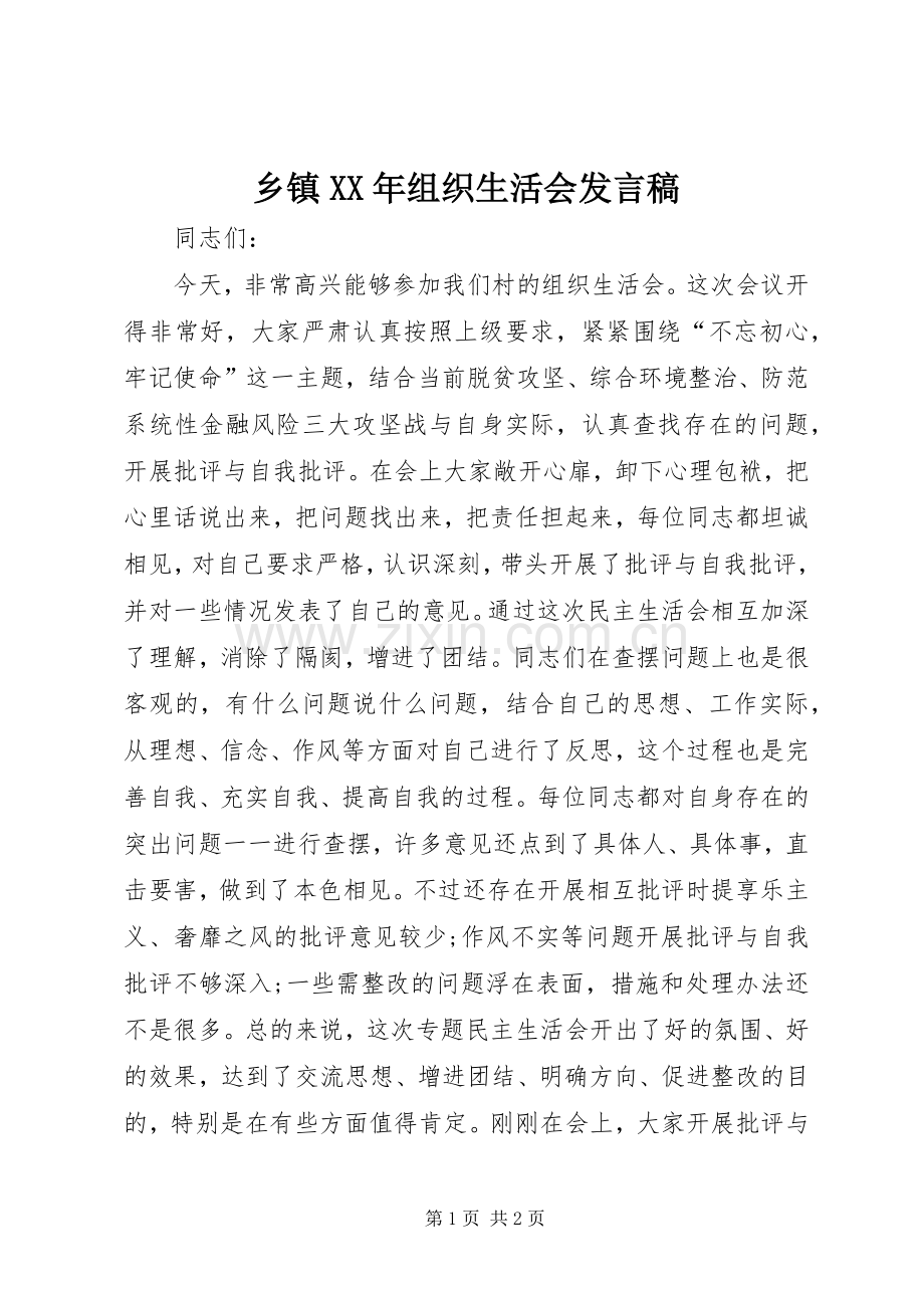 乡镇XX年组织生活会发言.docx_第1页