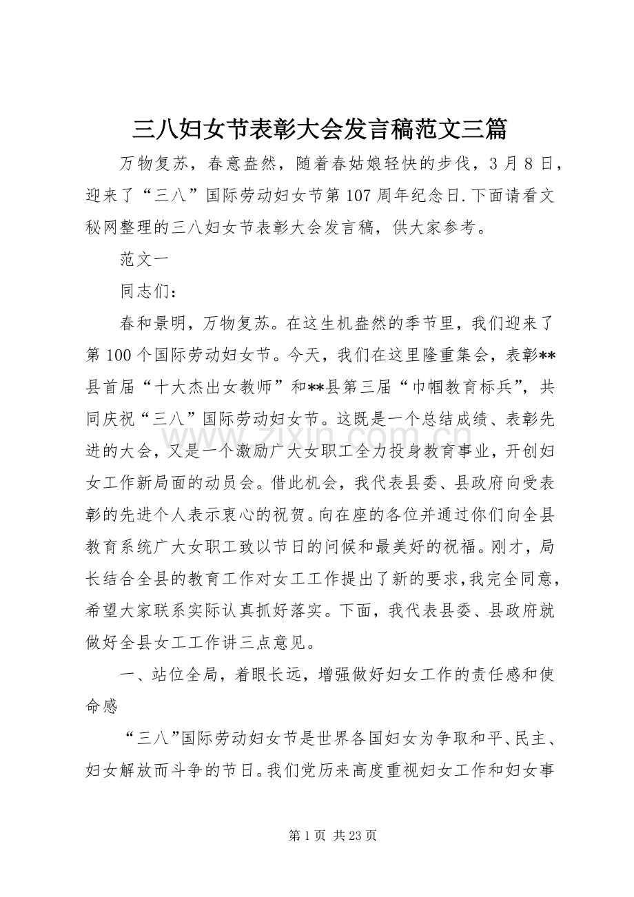 三八妇女节表彰大会发言范文三篇.docx_第1页