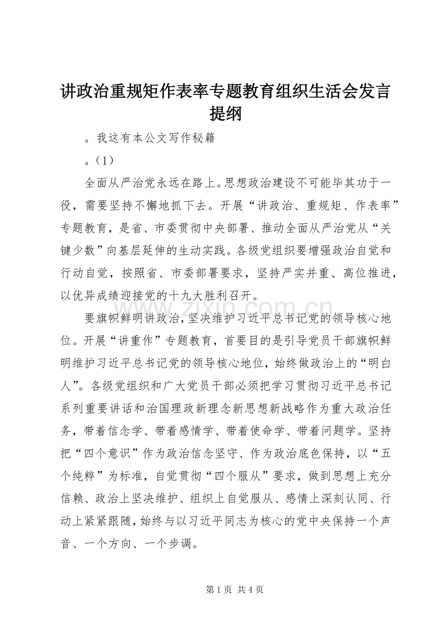 讲政治重规矩作表率专题教育组织生活会发言提纲材料.docx_第1页