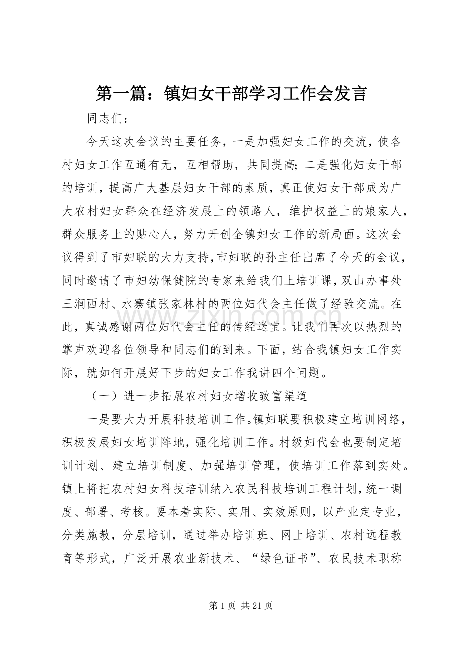 第一篇：镇妇女干部学习工作会发言稿.docx_第1页