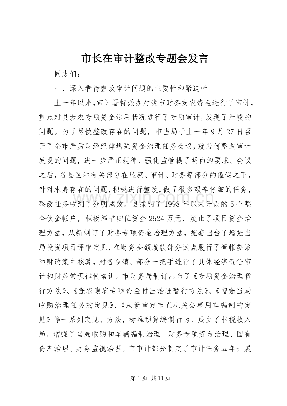 市长在审计整改专题会发言稿.docx_第1页