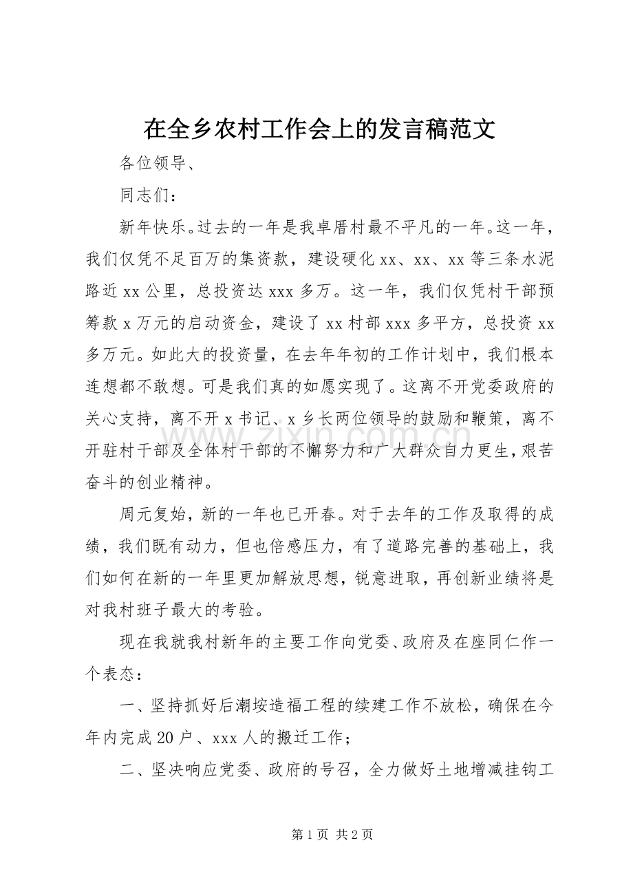 在全乡农村工作会上的发言范文.docx_第1页