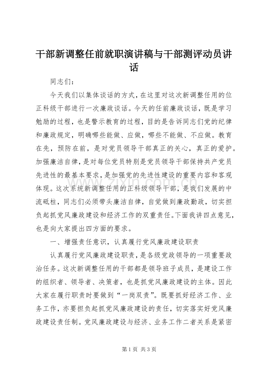 干部新调整任前就职演讲稿范文与干部测评动员讲话.docx_第1页