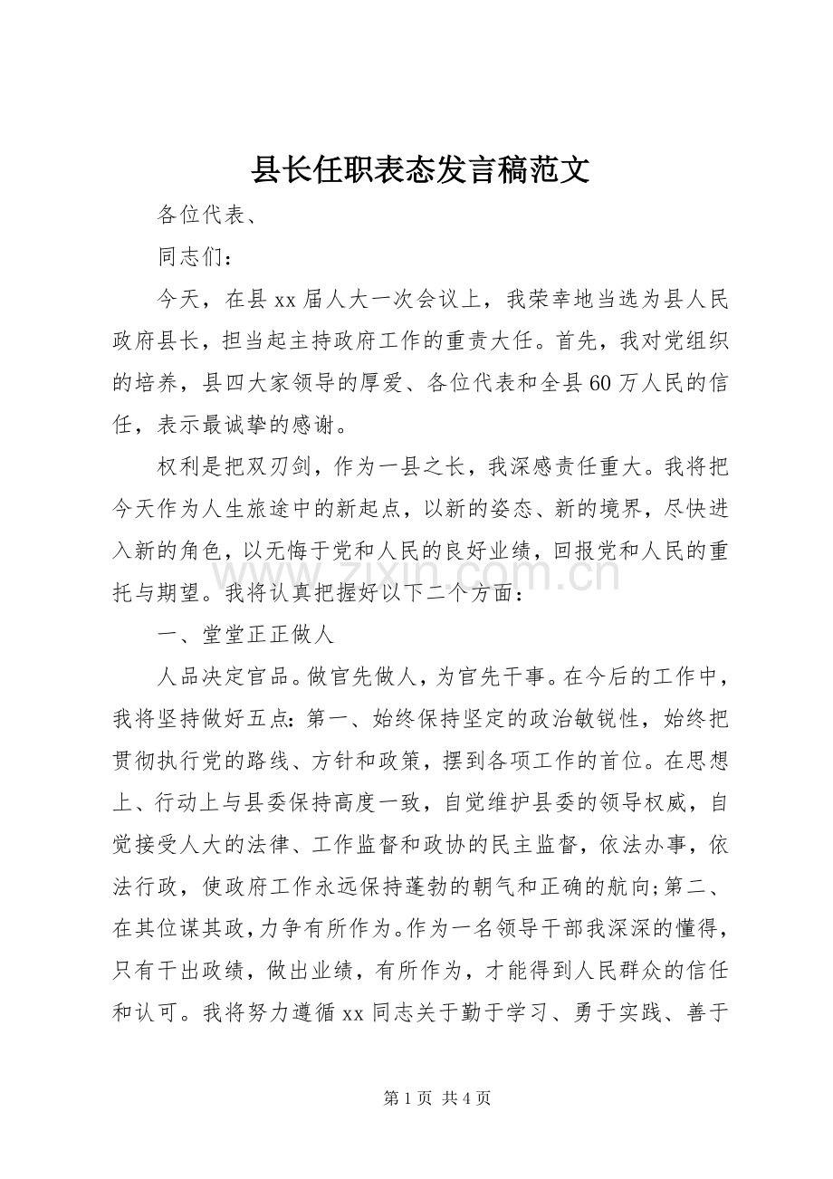 县长任职表态发言范文.docx_第1页