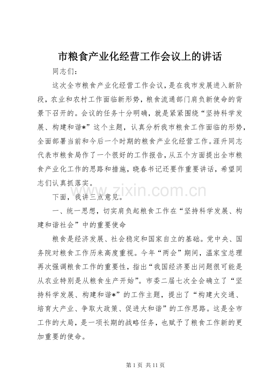 市粮食产业化经营工作会议上的讲话.docx_第1页