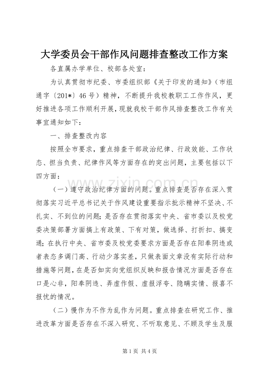 大学委员会干部作风问题排查整改工作实施方案 .docx_第1页