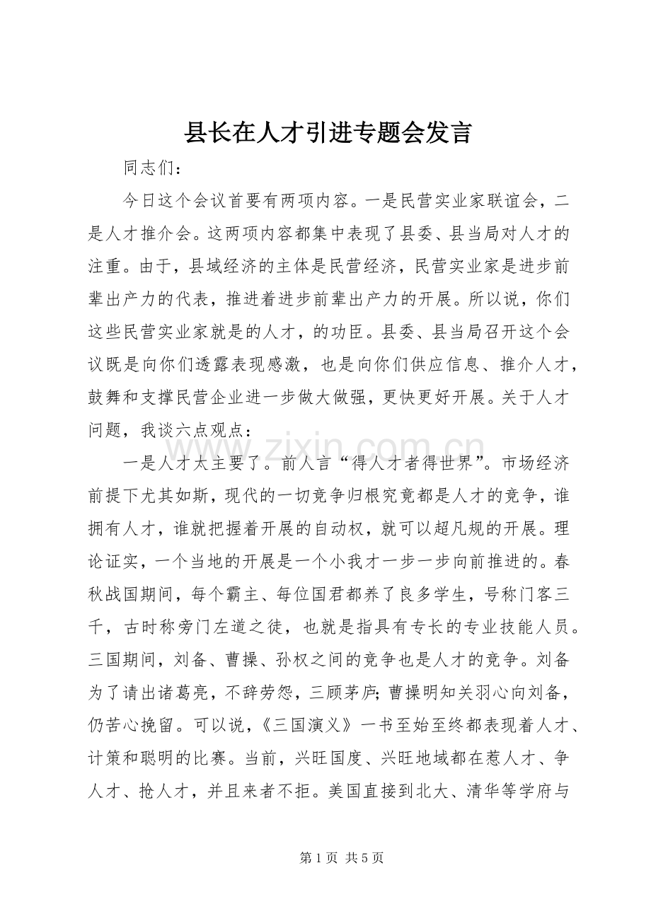 县长在人才引进专题会发言稿.docx_第1页