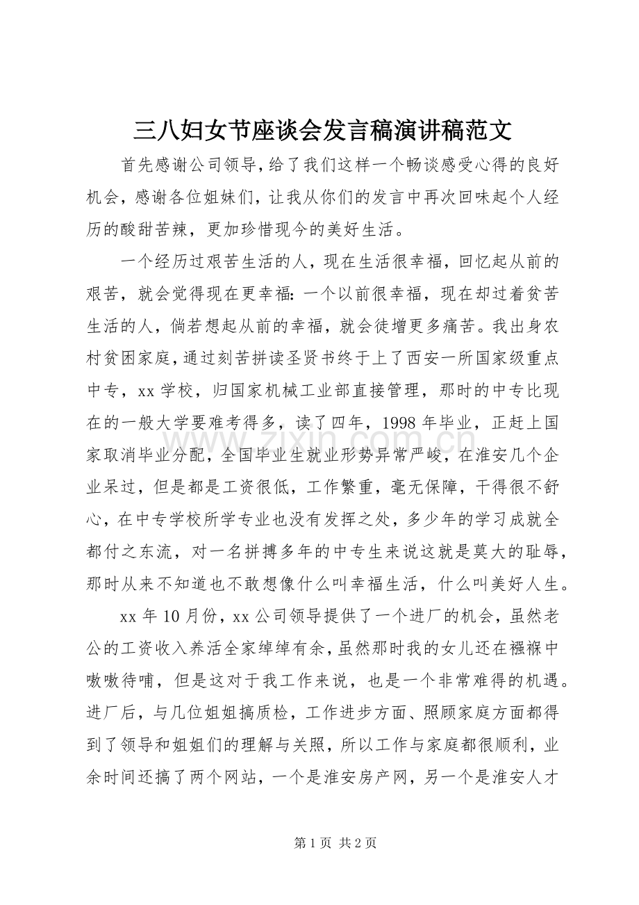 三八妇女节座谈会发言演讲稿范文.docx_第1页