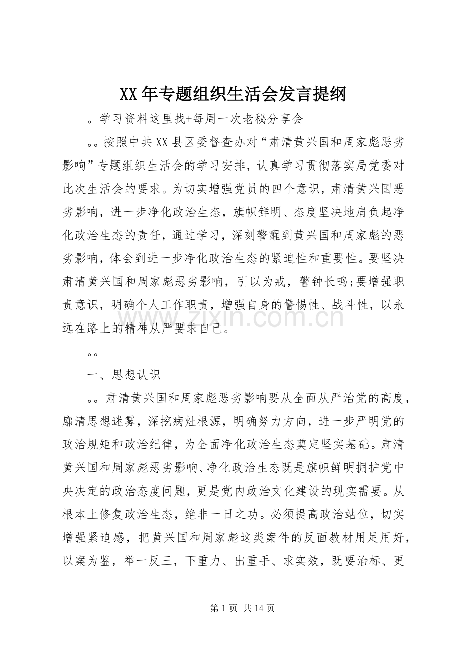 XX年专题组织生活会发言提纲材料.docx_第1页