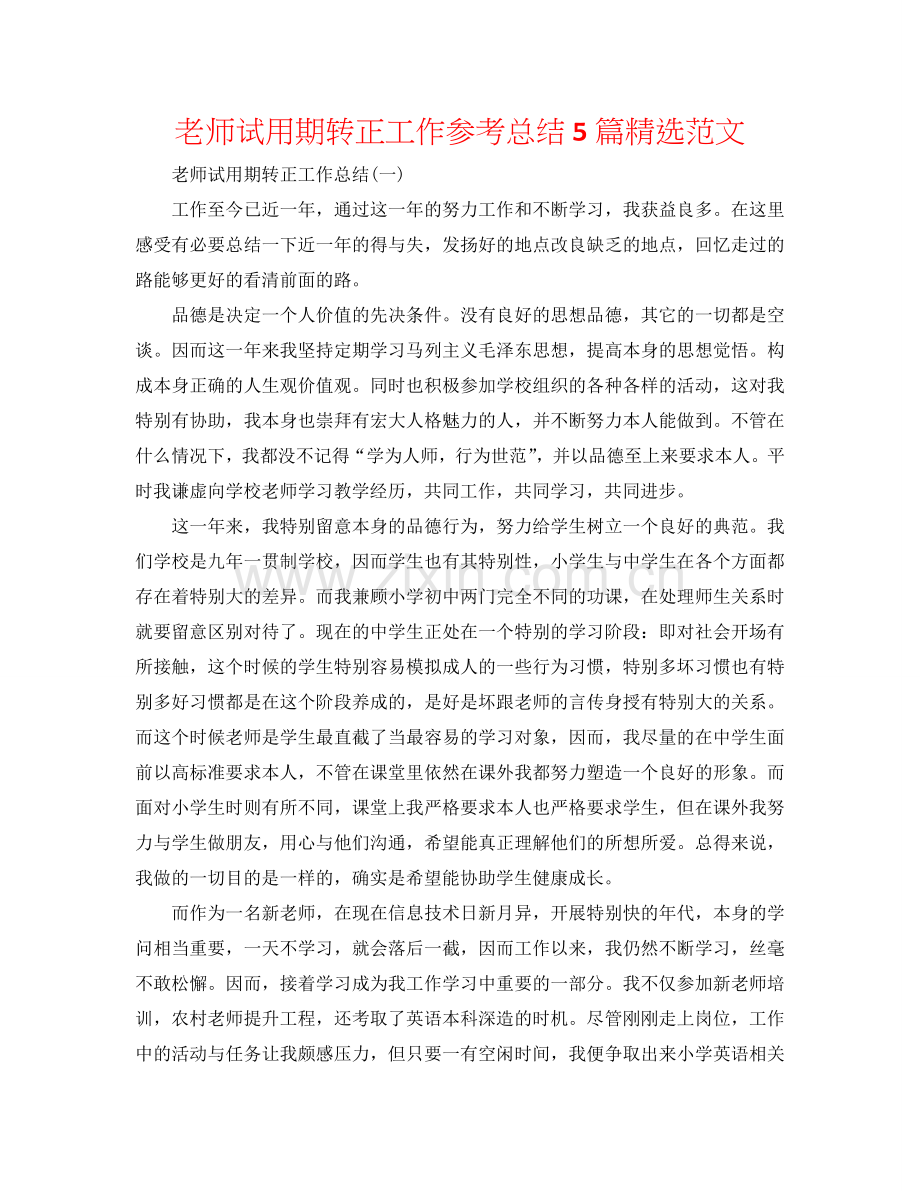 教师试用期转正工作参考总结5篇范文.doc_第1页