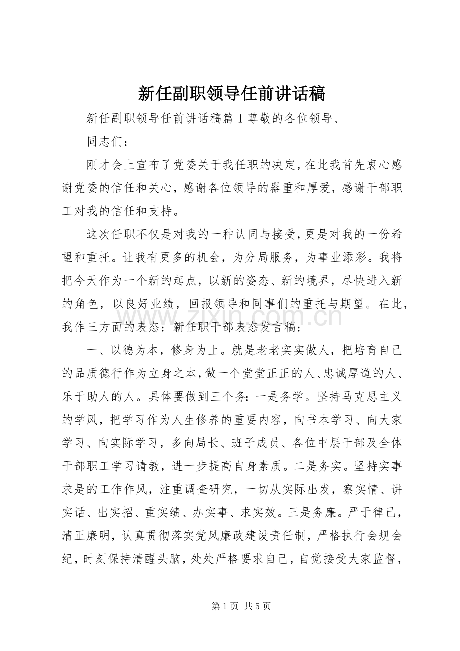 新任副职领导任前讲话稿.docx_第1页