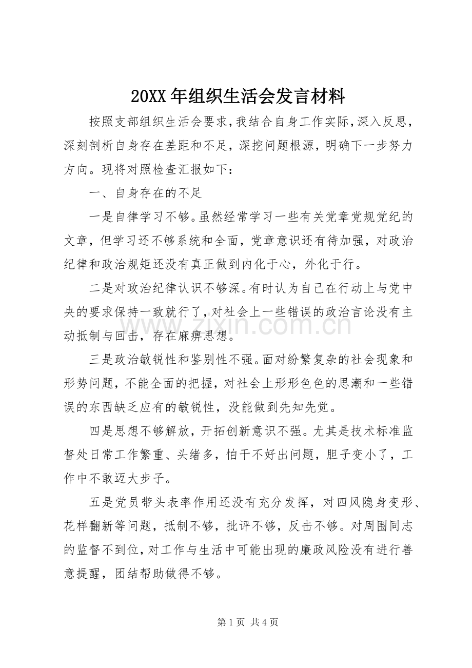 20XX年组织生活会发言材料致辞.docx_第1页