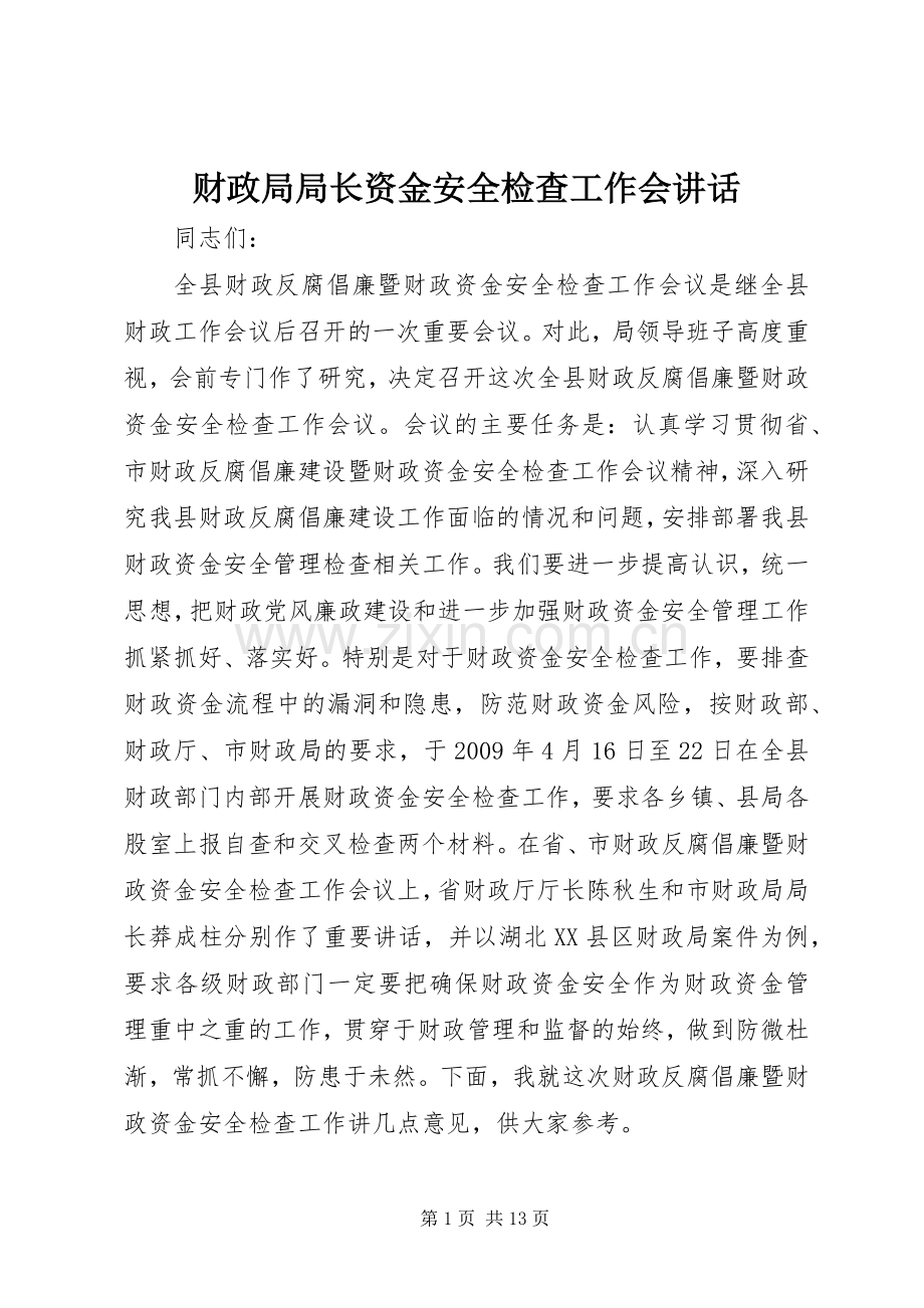 财政局局长资金安全检查工作会讲话.docx_第1页