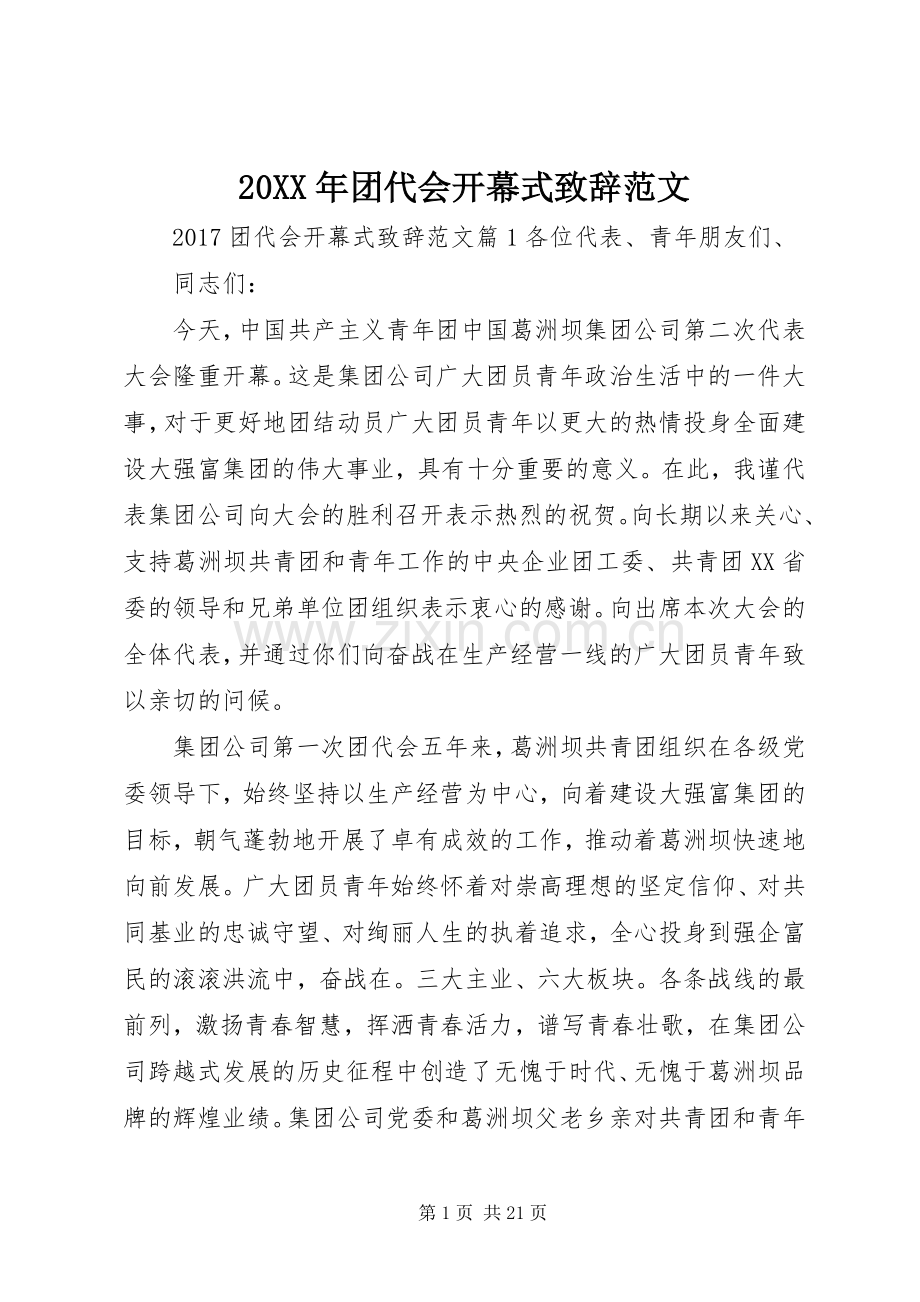 20XX年团代会开幕式演讲致辞范文.docx_第1页