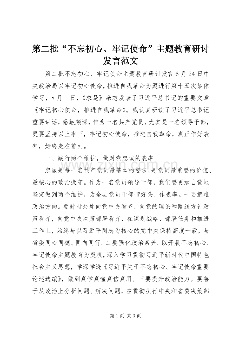 第二批“不忘初心、牢记使命”主题教育研讨发言范文.docx_第1页