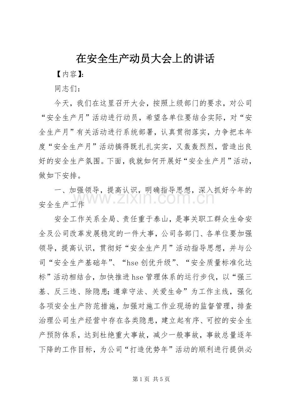 在安全生产动员大会上的讲话.docx_第1页