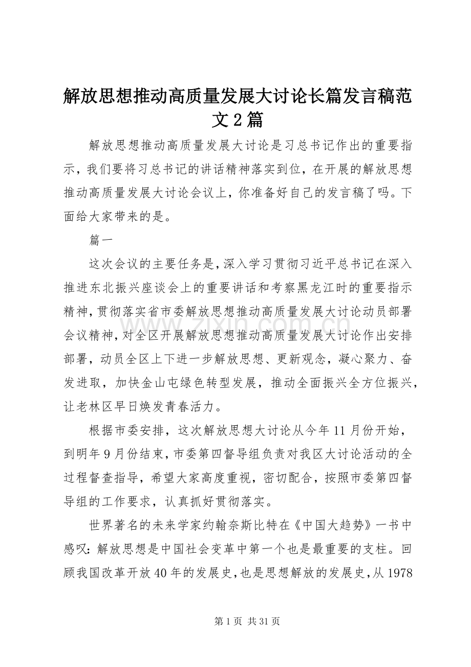 解放思想推动高质量发展大讨论长篇发言稿范文2篇.docx_第1页