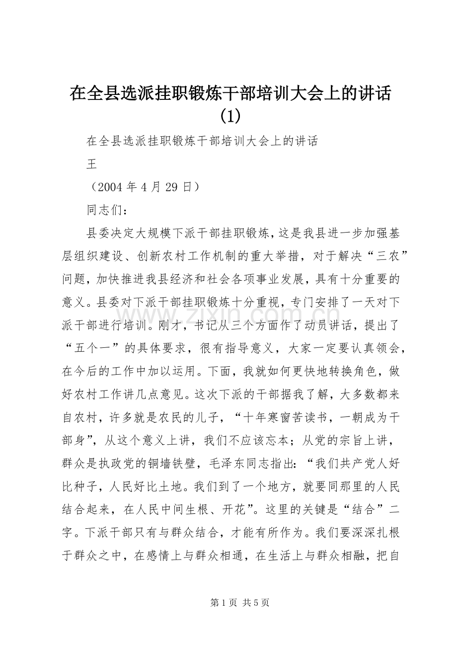 在全县选派挂职锻炼干部培训大会上的讲话(1).docx_第1页