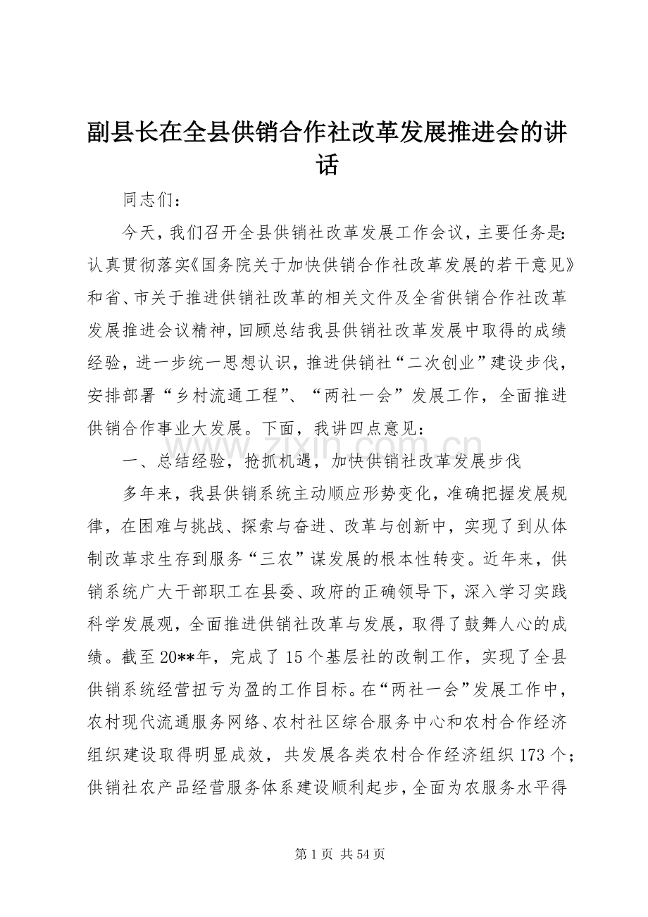 副县长在全县供销合作社改革发展推进会的讲话.docx_第1页