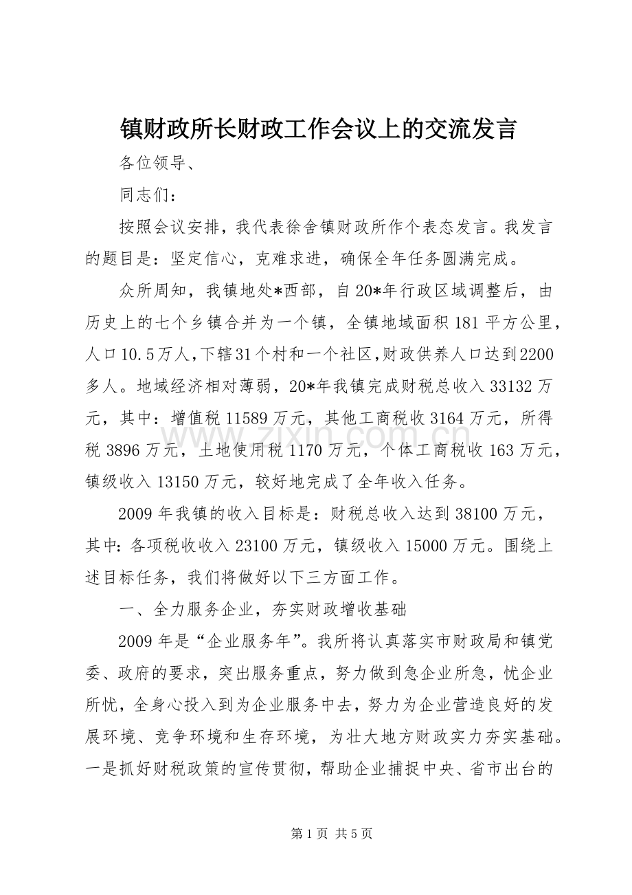 镇财政所长财政工作会议上的交流发言稿.docx_第1页