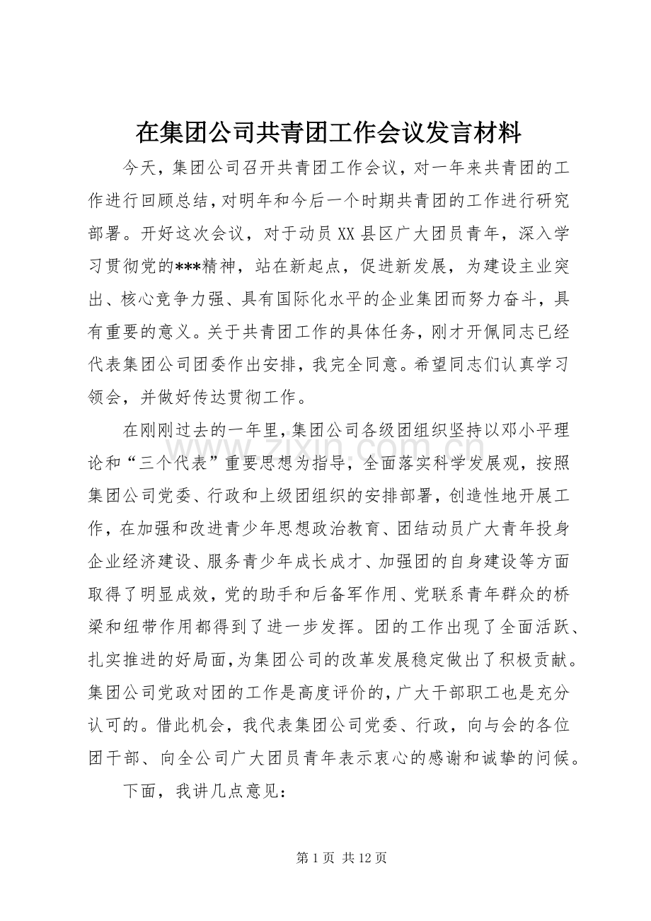 在集团公司共青团工作会议发言材料提纲.docx_第1页