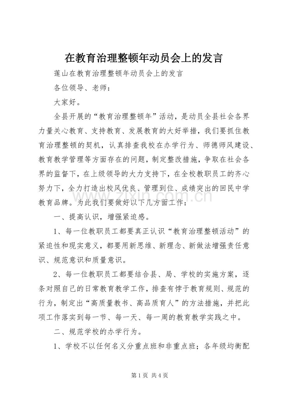 在教育治理整顿年动员会上的发言稿.docx_第1页