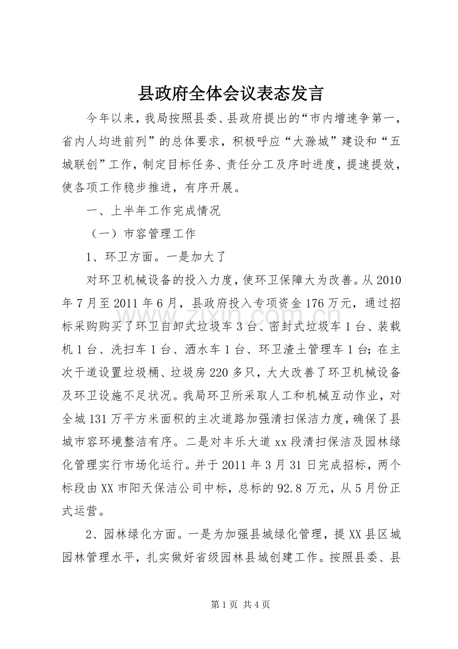 县政府全体会议表态发言稿.docx_第1页