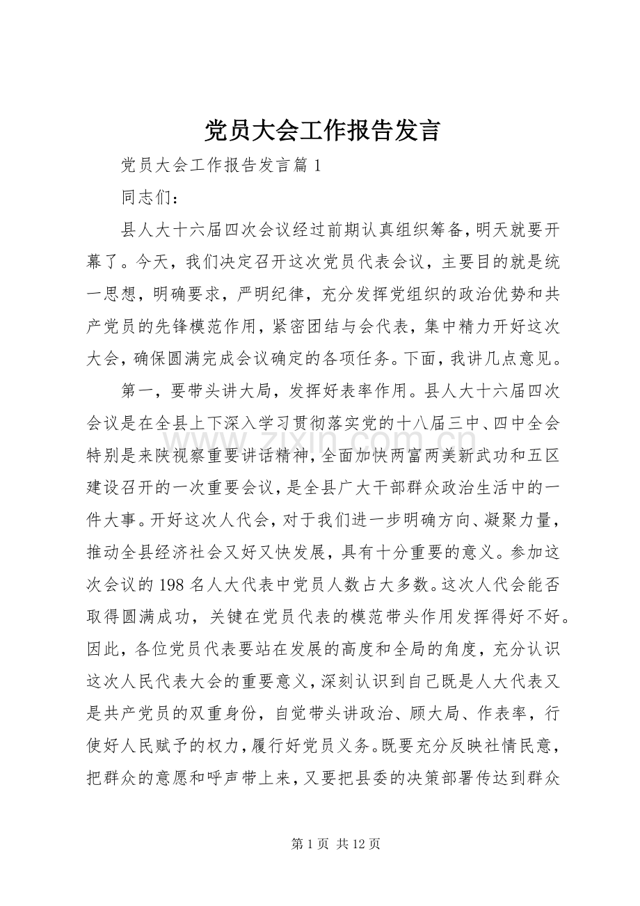 党员大会工作报告发言稿.docx_第1页