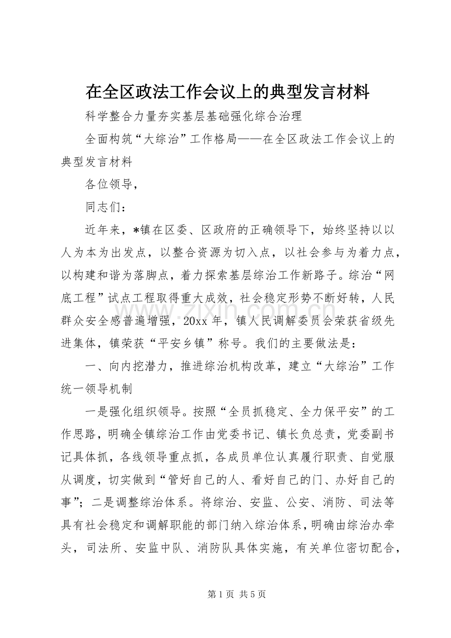 在全区政法工作会议上的典型发言材料提纲.docx_第1页